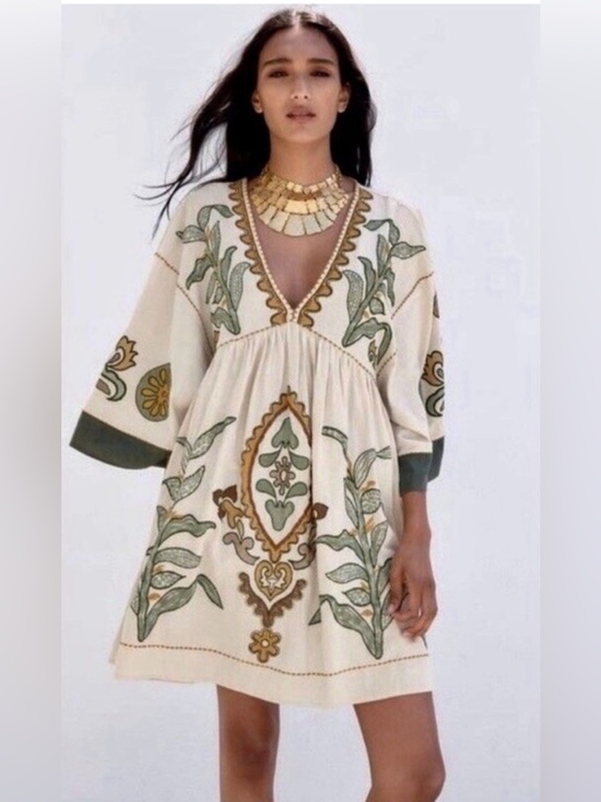 Zara Dresses & Skirts - ZARA "The Romy" Embroidered Cotton Linen Blend Dress Floral Boho Size XL NWT